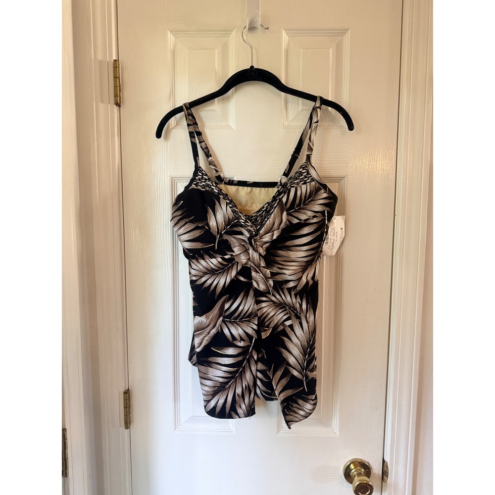 Miraclesuit Love Knot Tankini Top Black Gold Palm Leaf Tummy Control 12 6553947